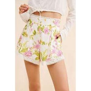 Rahi Floral Lace‎ Trim High Waisted Shorts White Pink Yellow Medium